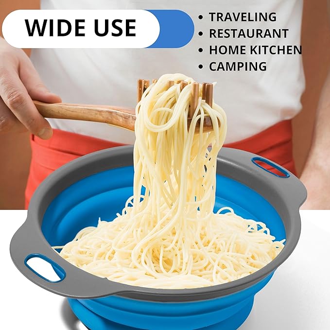 Blue Kitchen Strainer Colander Set - 2 PCS Collapsible Strainer Colander with Plastic Handles Silicone Food Grade Tools for Kitchen for Pasta and Spaghetti Multifunctional