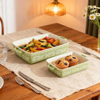 Domini Casserole Dishes for Oven, Ceramic Baking Dishes for Oven Set of 2, Lasagna Pan Deep, Baking Pan Set Square Casserole Dish Set with Handles for Baking, Pattern Green(11.4+8.5inch)