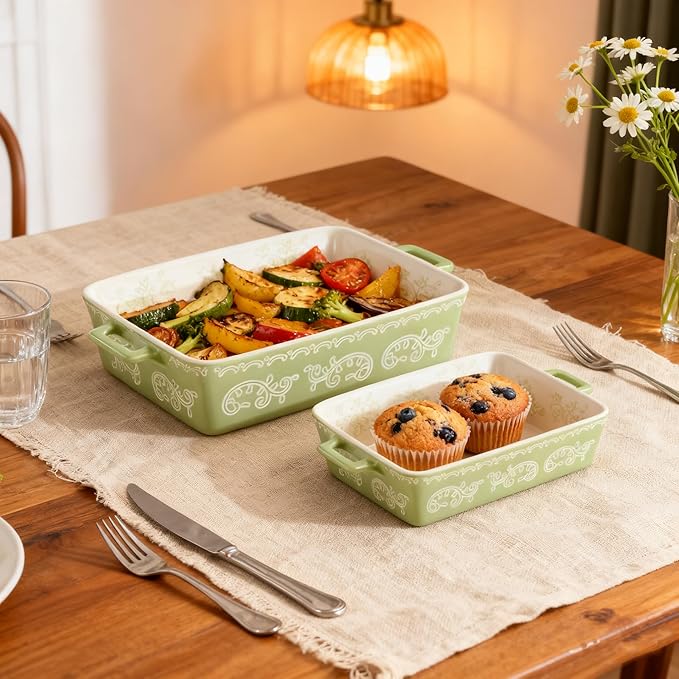 Domini Casserole Dishes for Oven, Ceramic Baking Dishes for Oven Set of 2, Lasagna Pan Deep, Baking Pan Set Square Casserole Dish Set with Handles for Baking, Pattern Green(11.4+8.5inch)