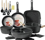 23Pcs Ceramic Cookware Set Non Stick Pots and Pans Set Non Toxic with Detachable Handle Induction Kitchen Cookware Set Space Saving, Oven & Dishwasher Safe, Black