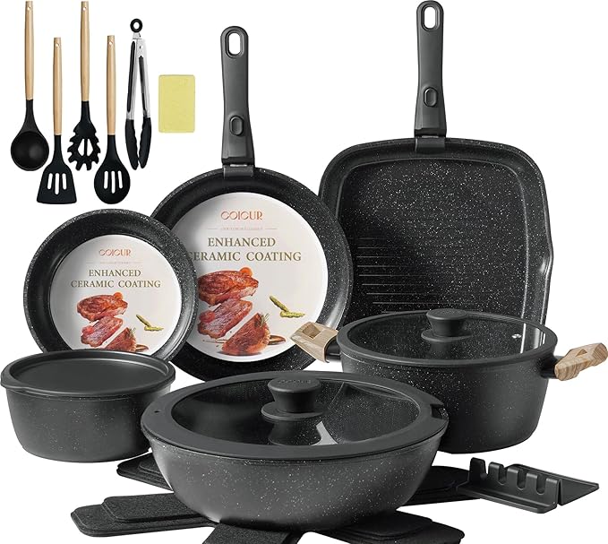 23Pcs Ceramic Cookware Set Non Stick Pots and Pans Set Non Toxic with Detachable Handle Induction Kitchen Cookware Set Space Saving, Oven & Dishwasher Safe, Black