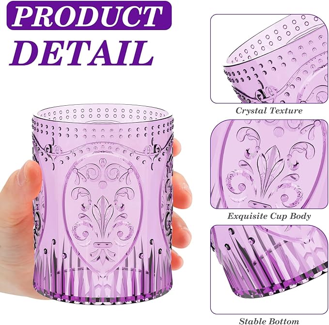 Qinyoung 12 Plastic Vintage Drinking Glasses 8.5oz Stemless Retro Embossed Wine Glasses Shatterproof Reusable Cups for Baby Shower Wedding Reception Grand Event Party (Purple)