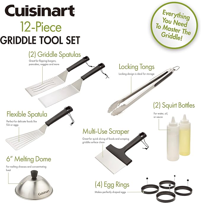 Cuisinart CGS-1312 12-Piece Tool Set, Outdoor Griddle Accessories-Spatula, Tongs, Scraper, Melting Dome, Squirt Bottle, Silicone Egg Ring