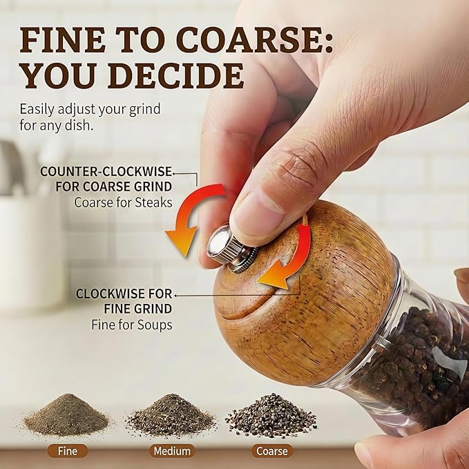 Salt and Pepper Grinder Set Wood and Acrylic - 6.3 Inch Oak Pepper Mill with Visible Window & Storage Tray - Adjustable Coarseness Ceramic Rotor, Manual Spice Grinders for Kitchen Table
