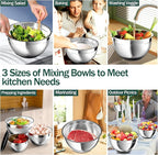 Nicdiet Mixing Bowls with Airtight Lids, Stainless Steel Mixing Bowl Set with 3 Metal Nesting Bowls, Colander & Grater, Non-Slip Bottoms, Size 1.5, 2.5, 5 QT, Great for Mixing & Serving, Black