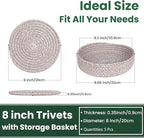 8 Inch Trivets for Hot Dishes, Hot Pots and Pans, Thick Heat Resistant Large Coaster for Kitchen, Hot Pads, Kitchen Essentials, Kitchen Decor for Table & Countertop with Storage Basket, 5 Pcs