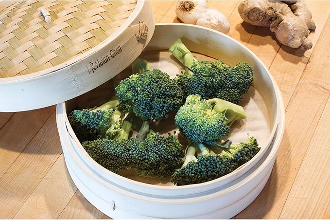 Helen's Asian Kitchen Bamboo Food Steamer with Lid - 100% Natural Bamboo - Basket Steamers for Cooking Dumplings, Dim Sum, Veggies, Fish, Meat - Preserve Nutrients & Flavors - 10-Inch