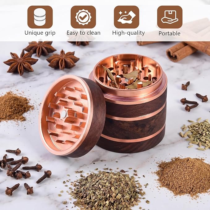 2.5" Manual Spice Grinder, Walnut Wood & Aluminum Seasoning Mill for Dry Spices, Compact Handheld Kitchen Tool (Wood Color)