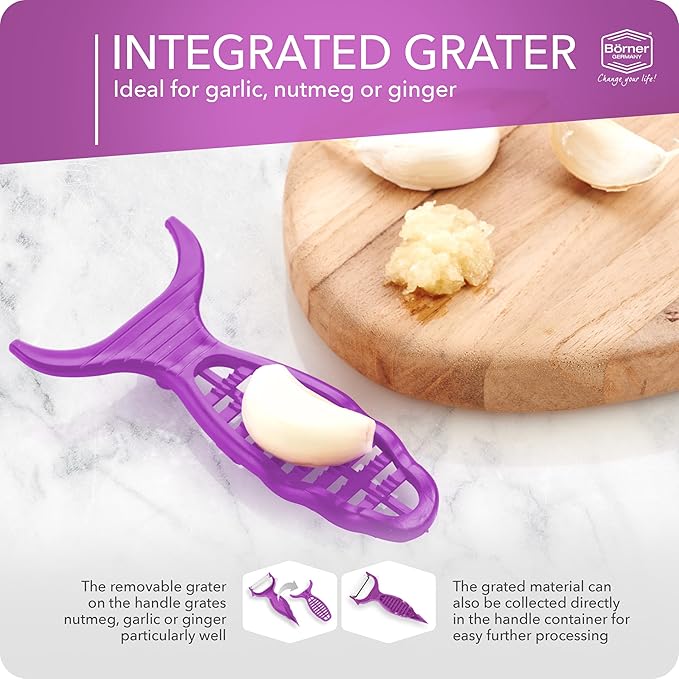 Börner Vegetable Peeler (6-in-1) • Garnishing Peeler with Grater • Multifunctional Peeler for Fruits & Vegetables • Fruit Peeler, Universal Peeler, Potato Peeler • Color: Purple