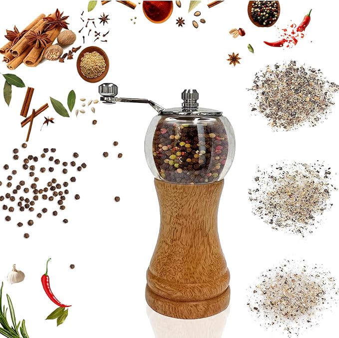 Pepper Grinder Set, Wooden Manual Pepper Grinder with Handle Peppermill Grinder, Refillable Ceramic Blade Grinding, Enjoy Fresh Ground Pepper Salts with Spices, 2pcs-6in