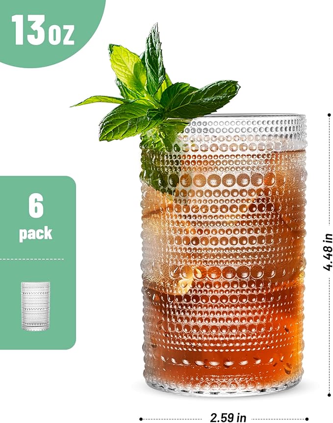Vintage Dot-Pattern Drinking Glasses Set of 6 – 13 oz Clear Highball Glass Cups – Embossed Textured Glassware with Anti-Slip Design for Water, Juice, Cocktails – Thick Glass, Dishwasher Safe