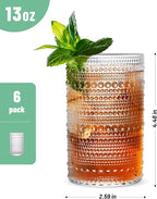 Vintage Dot-Pattern Drinking Glasses Set of 6 – 13 oz Clear Highball Glass Cups – Embossed Textured Glassware with Anti-Slip Design for Water, Juice, Cocktails – Thick Glass, Dishwasher Safe