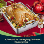 P&P CHEF 16" Roaster Roasting Pan with Baking Rack and V-shaped Rack, Stainless Steel Rectangular Lasagna Pan with Handles for Turkey Chicken, Healthy & Dishwasher Safe, 3 Pieces, Silver