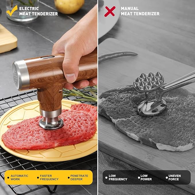 Electric Meat Tenderizer Tool, Cordless Kitchen Tenderizer, Stainless Steel Mallet, Brown (N-08)