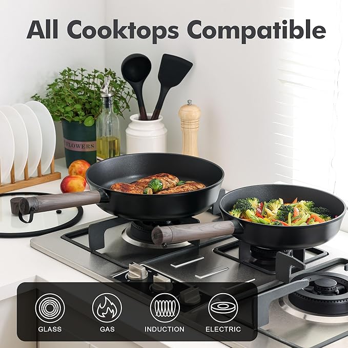 SENSARTE 17Pcs Nonstick Cookware Set Pots and Pans Set Kitchen Cooking Frying Pans with Stay-cool Handle, Dishwasher Safe, Induction Compatible, PFOA/PFOS Free, Black
