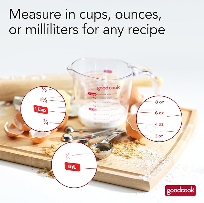 GoodCook Everyday 2-Cup Measuring Cup Liquid Measuring with Ounces and Milliliters Markings Tapered Pour Spout Easy-to-Read Lines Comfortable Handle for Precise Measuring, Clear