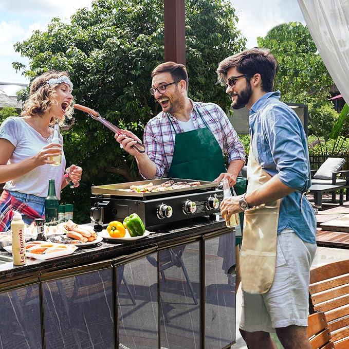 KingChii 28" Tabletop 3-Burner Griddle Portable Gas Grill with Rear Grease Trap, Powder Coated Steel, Black