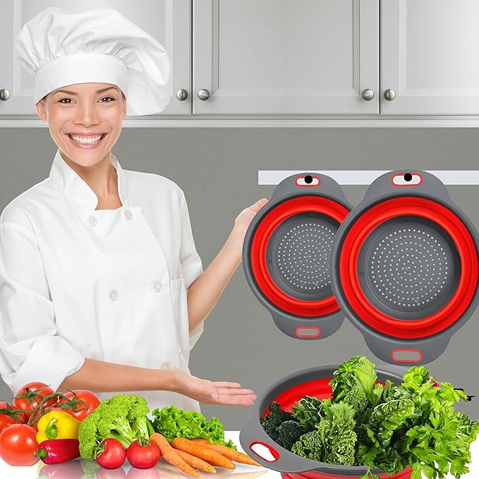 Red Kitchen Strainer Colander Set - 2 PCS Silicone Food Strainers for Kitchen Collapsible Colander with Plastic Handles for Pasta and Spaghetti Multifunctional