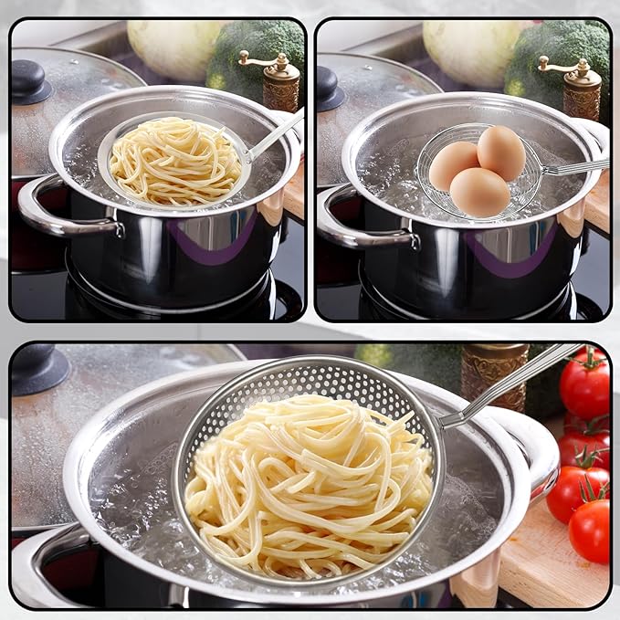 Spider Strainer & Skimmer Spoon Set, 3-Piece Stainless Steel Ladle Metal Wire Sieve Large Holes Slotted Colander Fryer Scoop Fine Mesh Strainers with Long Handle, Food Sifter for Kitchen Cooking