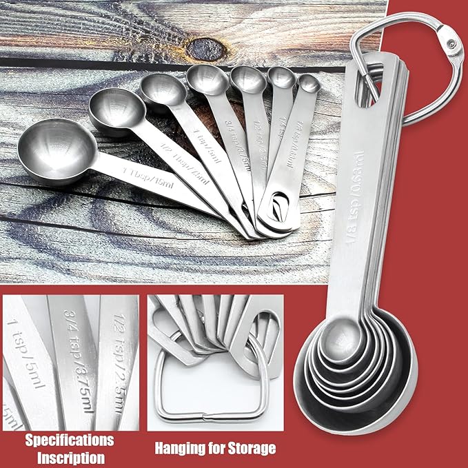 Luomorgo 7 Pcs/Set Measuring Spoons Set, Stainless Steel Measuring Spoons & Tablespoons, 1/8 tsp, 1/4 tsp, 1/2 tsp, 3/4 tsp, 1 tsp, 1/2 tbsp, 1 tbsp for Measuring Dry and Liquid Ingredients