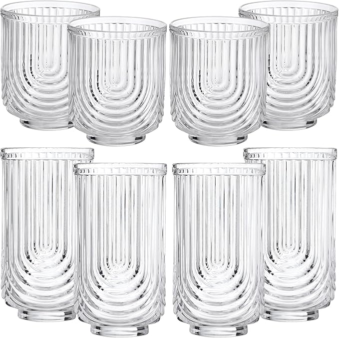 Vesici 8 Pieces Drinking Glasses Cocktail Glasses Arch Design Highball Ribbed Glassware Vintage Cups Ripple Aesthetic Tumblers for Whiskey Water Beverages Ice Coffee Juice Milk, 14 oz and 12 oz