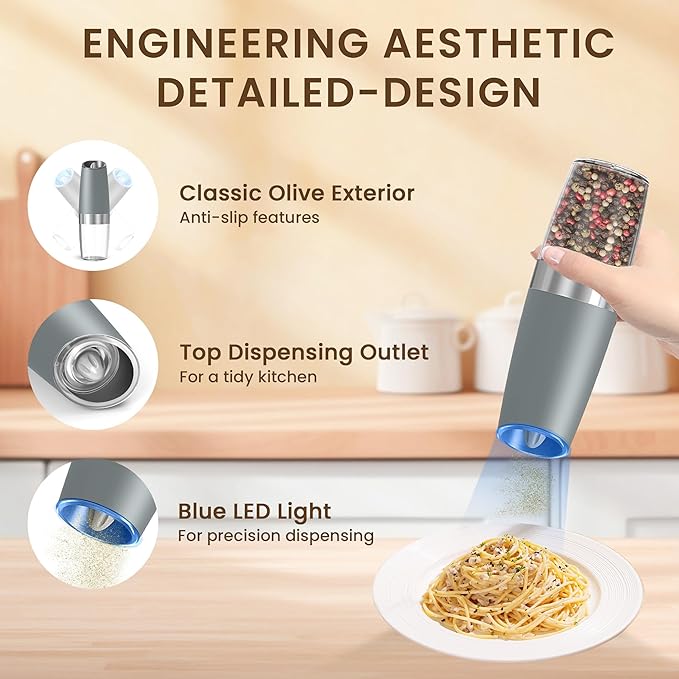 Gravity Electric Salt And Pepper Grinder Set, Automatic Salt And Pepper Grinder Set, Battery Powered (6 AAA Batteries Each), Adjustable Roughness, LED Light, 2 Pack, (Light Grey)