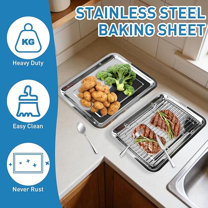 4 PCS Stainless Steel Baking Sheet Set,(2 Sheets + 2 Racks)15.7 X 11.8 Inch Baking Pan with Stainless Steel Fork,Spoon and Knife,Rust Baking Tray Pan for Kitchen Oven,Easy Clean&Durable