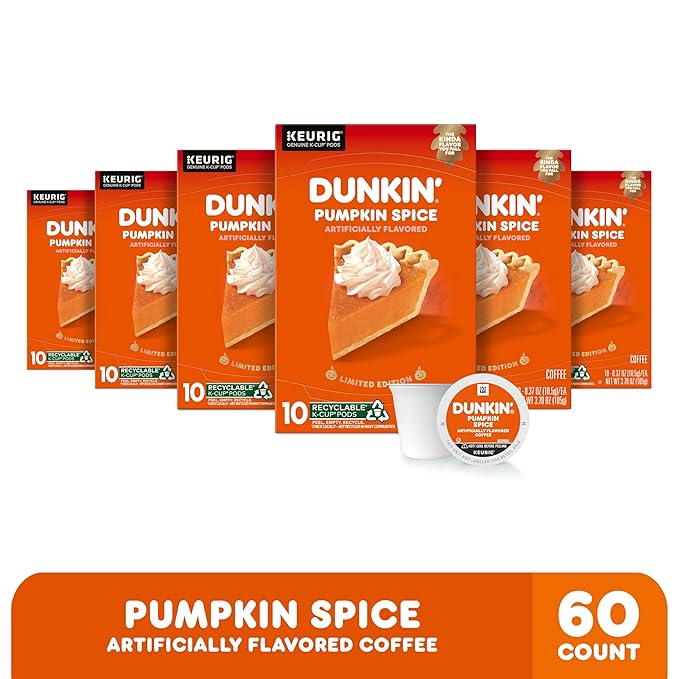 Dunkin’ Pumpkin Spice Coffee, Limited Edition Fall Coffee, K Cup Pods , 10 Count Boxes (Pack of 6)