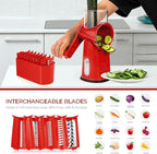 SUSTEAS Rotary Cheese Grater with Handle - Vegetable Shredder with 5 Well-designed Blades & Strong Suction Base,Round Mandoline Slicer & Food Chopper for Kitchen,with Blade Storage Box(Red)