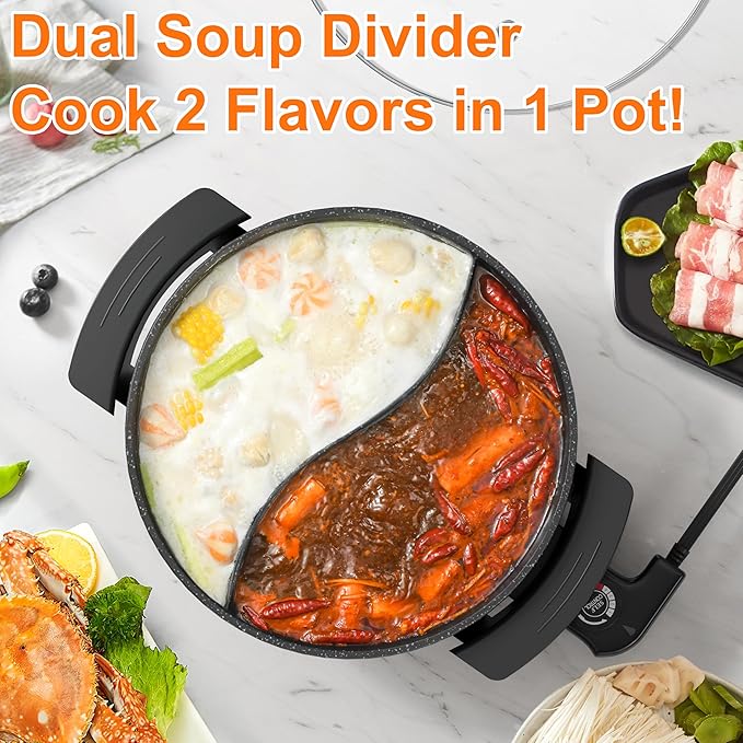 Stariver 6L Electric Hot Pot with Divider - Dual-Flavor Fondue & Shabu Shabu Pot, 1360W with 5-Temp Control, Non-Stick & BPA-Free, Perfect for Family Dinners & Parties