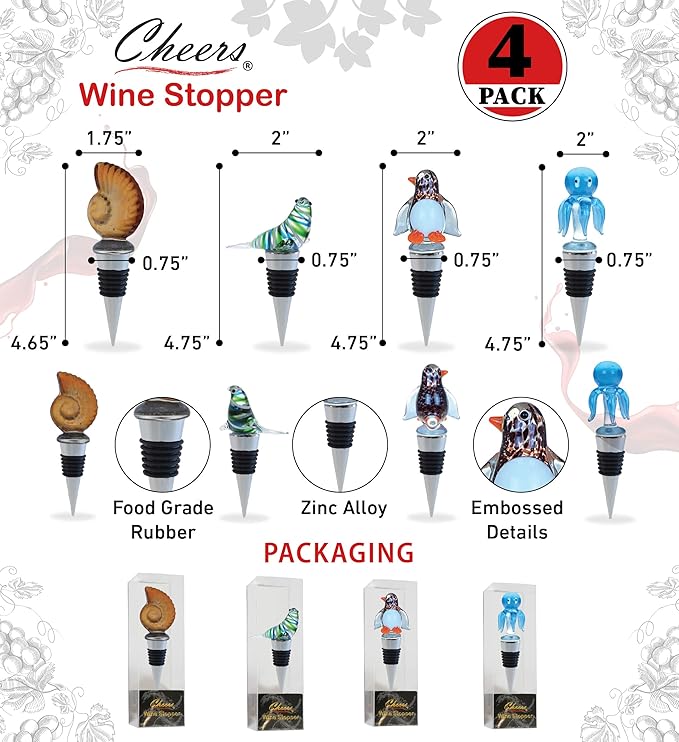Cheers Nautilus Sea Shell, Seal, Penguin, Octopus Glass Wine Stopper Set of 4 – Elegant Vacuum Seal Reusable Wine Bottle Stoppers – Airtight Leak Proof Bottle Topper Cork Plug Bar Tool Accessory