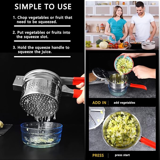 13.5oz Stainless Steel Vegetable Squeezer, Non-Slip Red Silicone Handle, Metal Vegetable Water Squeezer Squeezing Vegetable Liquid