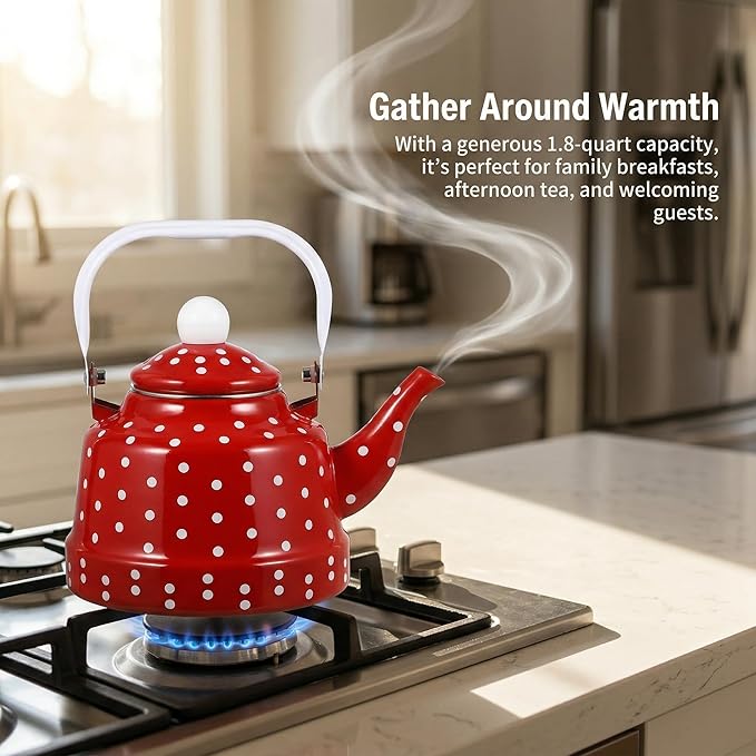 Cabilock Enamel Tea Kettle - Stovetop Teapot with Handle, 1.1 Quart Fast Heating Hot Water Pot for Gas, Induction, Electric, Farmhouse Kitchen Decoration (No Whistling)