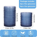 Moretoes Hobnail Drinking Glasses Set of 16, 12 Oz Highball Glasses & 10 Oz Cocktail Glasses, Clear Embossed Boho Glass Cups Kitchen Bar Tumbler Glassware Set for Whiskey, Beer, Juice, Milk (Blue)