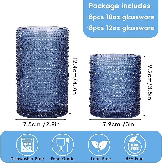 Moretoes Hobnail Drinking Glasses Set of 16, 12 Oz Highball Glasses & 10 Oz Cocktail Glasses, Clear Embossed Boho Glass Cups Kitchen Bar Tumbler Glassware Set for Whiskey, Beer, Juice, Milk (Blue)