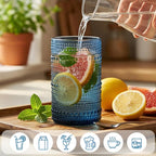 Moretoes Hobnail Drinking Glasses, 12 Piece Blue Water Glass Cups, Mixed Vintage Glassware Set, 6pcs 12oz Highballs and 6pcs 10oz old Fashioned Glasses, Great for Cocktail, Whisky and other Beverages