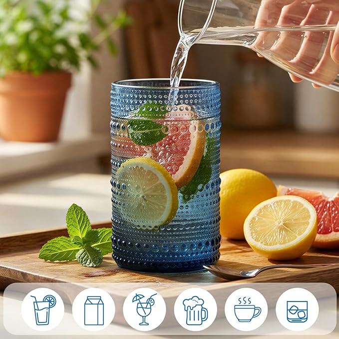 Moretoes Hobnail Drinking Glasses, 12 Piece Blue Water Glass Cups, Mixed Vintage Glassware Set, 6pcs 12oz Highballs and 6pcs 10oz old Fashioned Glasses, Great for Cocktail, Whisky and other Beverages