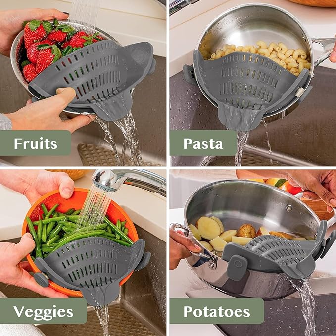 Kitchen Gizmo Snap N' Strain - Silicone Pasta Strainer Clip-On for Pots and Pans - Heat Resistant Colander for Vegetables and Noodles - Kitchen Gadgets for Cooking - Space-Saving Design - Gray