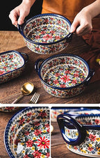 Red Daisy Flower Vintage Style Ceramic Bakeware Casserole Dish Baking Pan Lasagna Pans Baking Dish with Handles for Oven/Cooking/Kitchen-1 PCS, 32 OZ