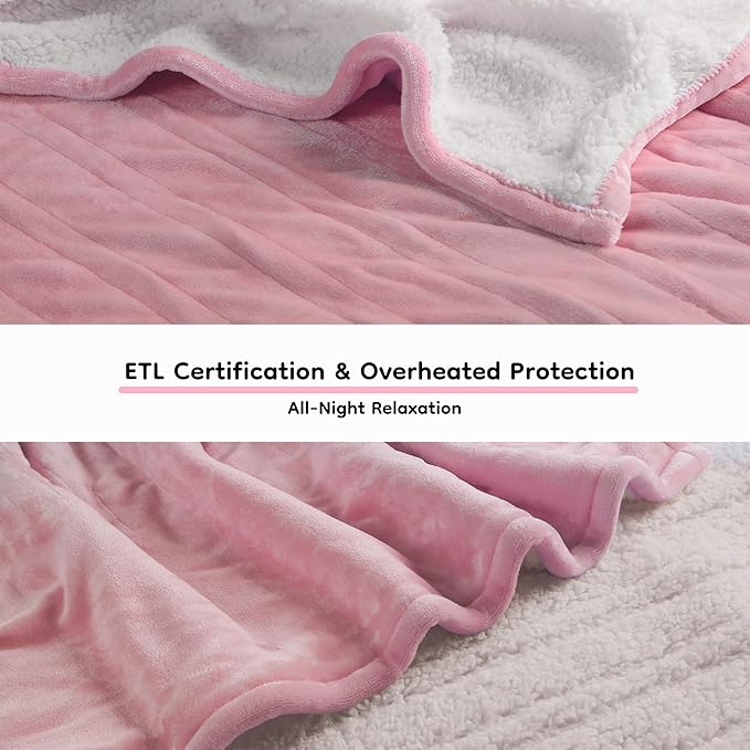 Electric Heated Blanket King Size - 90"x100", Soft Flannel Heating Blanket, 10 Heating Levels, 1-12 H Auto Shut Off, Breathable Warm and Washable for Bed, Light Pink