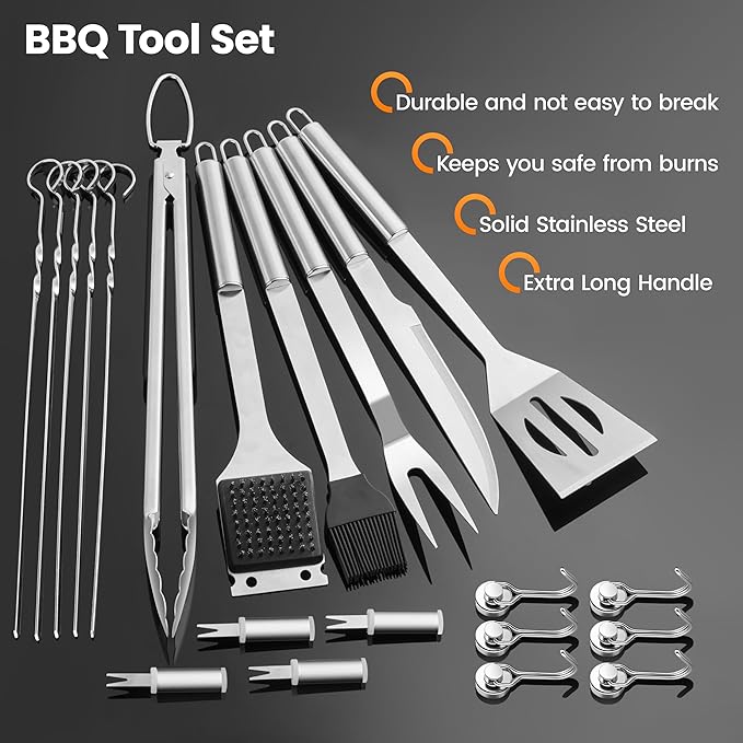 BBQ Accessories Grill Tools Set,Stainless Steel Barbecue Grill Accessories for Outdoor Grill,Barbecue Utensils Grilling Accessories Grilling Gifts for Men,Father's Day/Christmas (Sliver-22PCS)