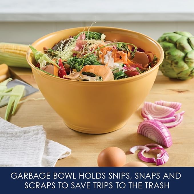 Rachael Ray Tools and Gadgets Kitchen Prep, Garbage Bowl with Lid, Bench Scrape, Veggie Peeler, 4 Piece Food Prep Set - Turmeric Yellow