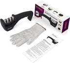 4-in-1 Kitchen Knife Accessories: 3-Stage Knife Sharpener Helps Repair, Restore, Polish Blades and Cut-Resistant Glove (Black)