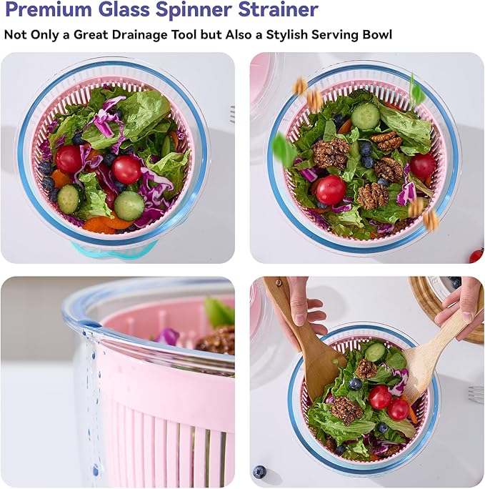Good Grips 3.2 Qt Glass Salad Spinner Small Vegetable Dryer with Drain Microwave Safe Dishwasher Safe with Transparent Lid Crank Handle Quick Spin Greens Washer for Lettuce Herbs Fruits Pink