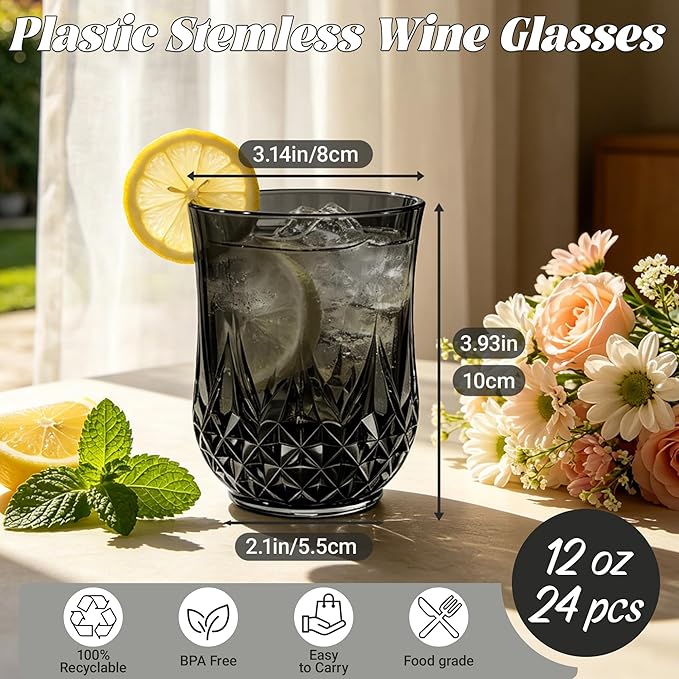 24 Pack Plastic Stemless Wine Glasses,12oz Unbreakable Vintage Elegant Drinking Glass Set,Reusable Fancy Cocktail Cups for Party, Wedding, and Bulk Events (24, 12oz-Black)