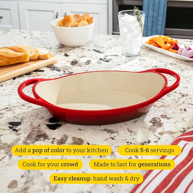 Lodge 2 Quart Enameled Cast Iron Oval Caserole – Dual Handles – Oven Safe up to 500° F or on Stovetop - Use to Marinate, Cook, Bake, Refrigerate and Serve – Red
