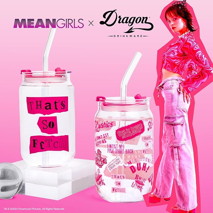 Dragon Glassware x Mean Girls - 16 oz Glass Cups with Lids and Straws, Set of 2 - Iced Coffee Cups with Lids - Versatile Glass Tumbler with Straw and Lid - That's So Fetch & Movie Quotes