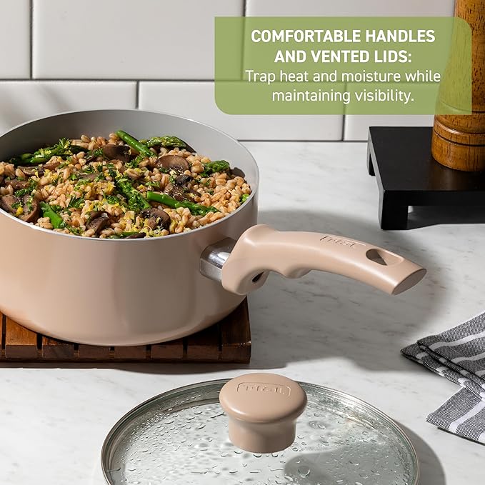 T-Fal Refresh Ceramic Pots and Pans Set, Nonstick Cookware, 20-Piece, Oven Safe to 350°F, Ceramic Cookware Set, Stockpot, Griddle, Frying Pans, Utensils, Dusty Rose