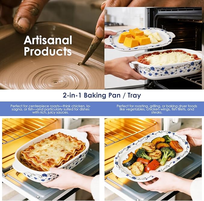 ACMLIFE Ceramic Casserole Dish with Lids for Oven, Large Baking Dish with Lid and Small Ceramic Casserole Dishes with Lid, Bakeware Set Baking Pan Lasagna Pan with Lids & Handles 4 Pcs Set (13x8 Inch+ 8x6 Inch, 2.01 Quart+0.85 Quart, Blue and White), C...