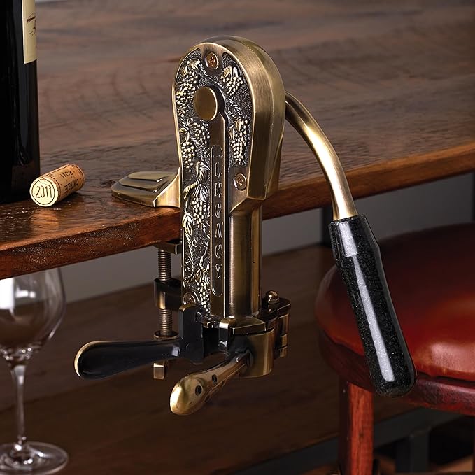 Wine Enthusiast Legacy Corkscrew – Durable Wine Opener with Black Marble Handle & Solid Metal Construction - Long Lasting Cork Removal with Tabletop Mount (Antique Bronze)